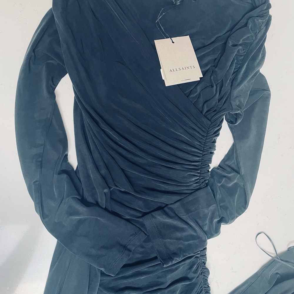 🆕 All Saints Hanako Long Sleeve Ruched Dark Gray Asymmetrical Dress 8UK (4US) - Picture 9 of 16
